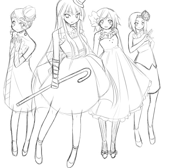 ichino, akiyama mio, hirasawa yui, kotobuki tsumugi, tainaka ritsu, don't say "lazy", k-on!, striped legwear, vertical-striped legwear, 00s, 4girls, greyscale, ho-kago tea time, monochrome, multiple girls, pantyhose, sketch, striped clothes, striped pantyhose, vertical-striped clothes, vertical-striped pantyhose