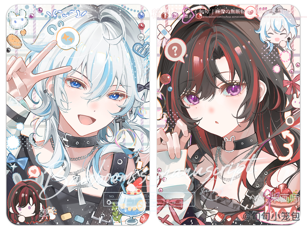 original, 1boy, 1girl, :d, ?, black choker, black hair, black shirt, blue eyes, blue hair, border, cake, chain, chain necklace, choker, cup, drinking glass, food, hair between eyes, hand up, jewelry, long hair, looking at viewer, mihuashi username, multicolored hair, necklace, open mouth, parfait, parted bangs, portrait, rabbit choker, red hair, shirt, smile, spoken question mark, spoken sparkle, streaked hair, two-tone hair, v, watermark, white border, white hair, xun xun xiaolongbao