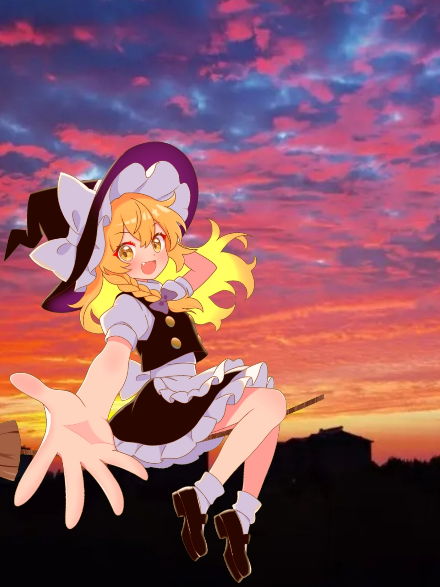 qing zhanglao, kirisame marisa, touhou, highres, 1girl, apron, black hat, black shoes, black skirt, black vest, blonde hair, bow, braid, broom, broom riding, fang, frilled apron, frilled skirt, frills, hair bow, hat, hat bow, long hair, mary janes, open mouth, photo background, puffy short sleeves, puffy sleeves, purple bow, reaching, reaching towards viewer, shirt, shoes, short sleeves, side braid, skirt, socks, solo, vest, white apron, white bow, white shirt, white socks, witch hat, yellow eyes