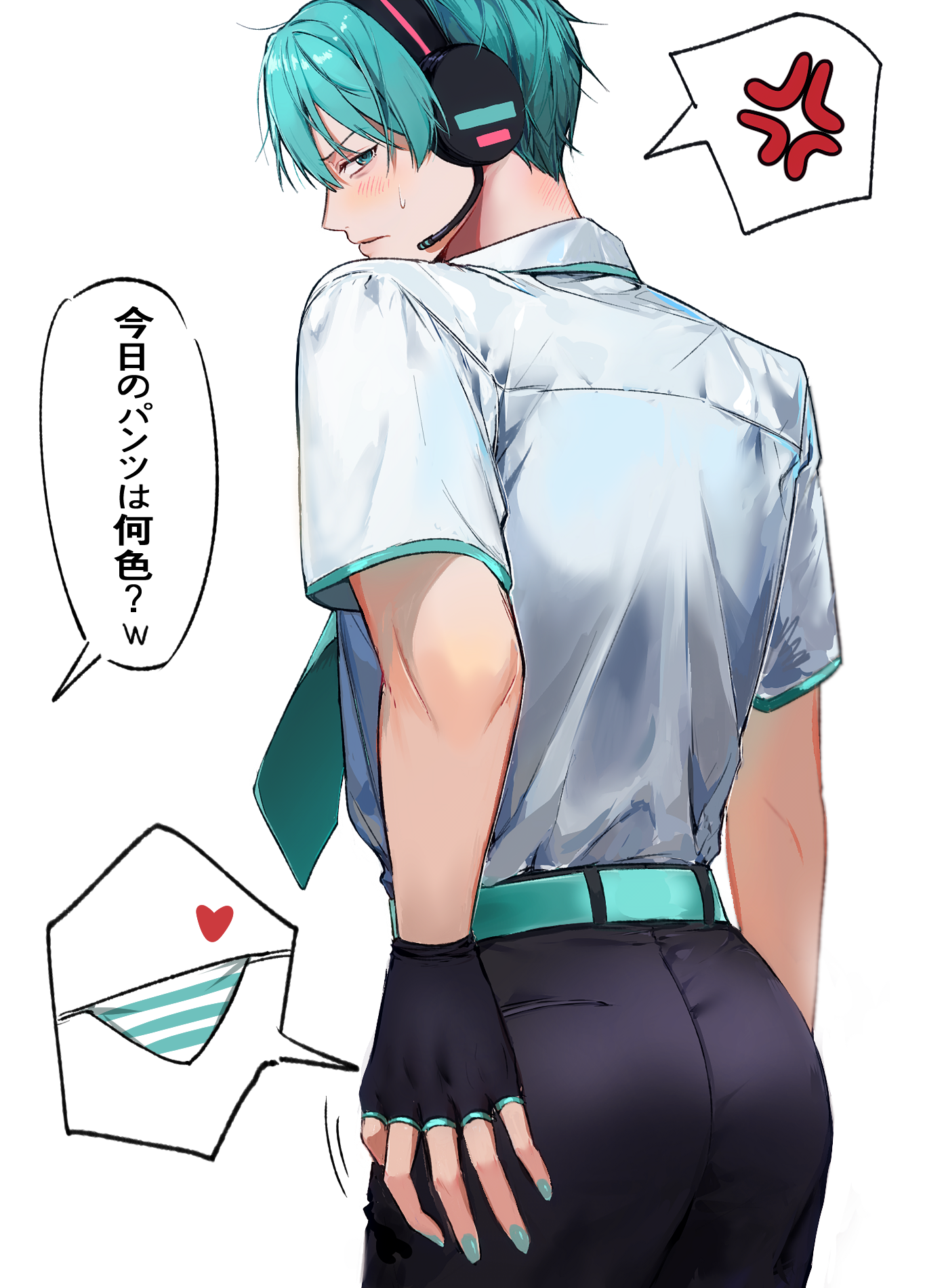 hatsune mikuo, vocaloid, commentary request, highres, translation request, 1boy, anger vein, aqua belt, aqua eyes, aqua hair, aqua nails, aqua necktie, ass, belt, black gloves, blush, closed mouth, collared shirt, embarrassed, fingerless gloves, from behind, genderswap, genderswap (ftm), gloves, hand on own ass, headphones, looking at viewer, looking back, male focus, necktie, panties, pocket, shirt, shirt tucked in, short sleeves, simple background, solo, speech bubble, spoken anger vein, spoken panties, striped clothes, striped panties, subgye, underwear, white background