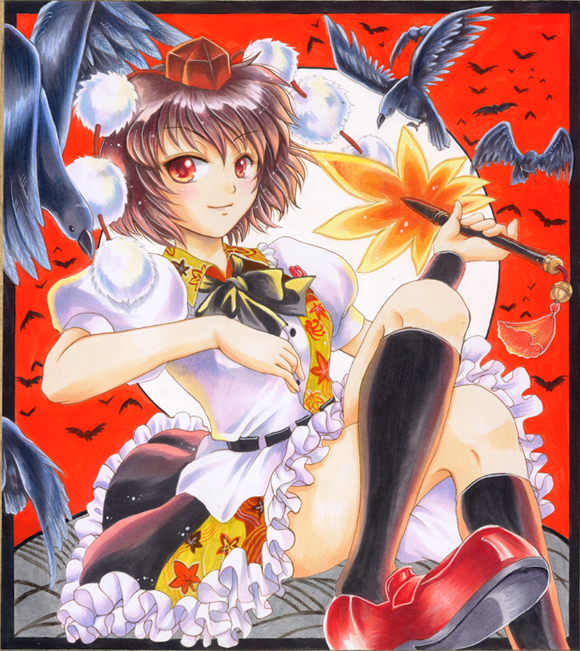 pemoko, shameimaru aya, touhou, bad id, bad pixiv id, 1girl, bird, blush, brown hair, crow, female focus, hand fan, hat, looking at viewer, red eyes, short hair, skirt, smile, solo, tokin hat