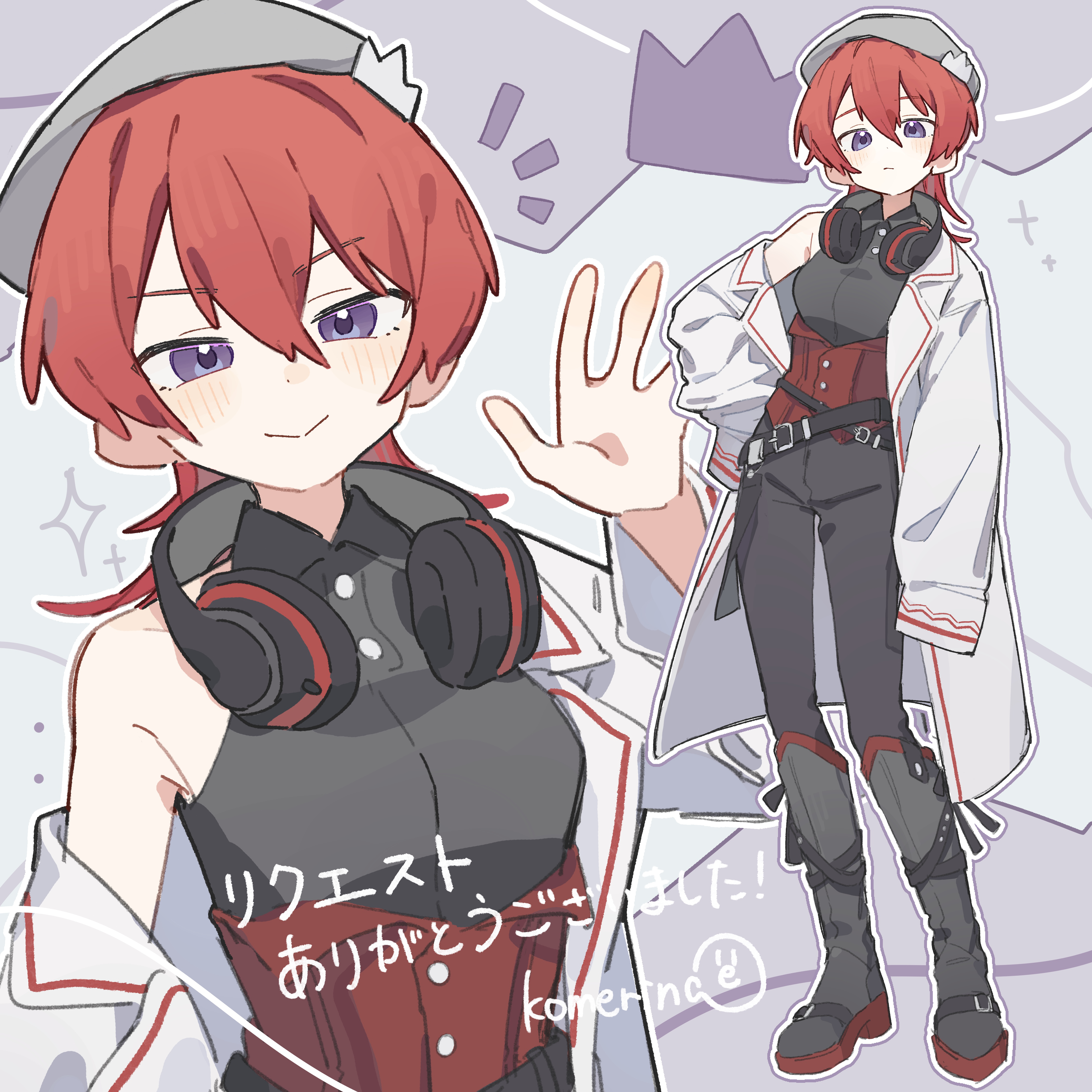 komerina, original, absurdres, commentary, commission, highres, translated, 1girl, :>, :/, armpit crease, artist name, beret, black boots, black pants, black shirt, blush, boots, breasts, closed mouth, collared shirt, corset, dot nose, double-parted bangs, expressionless, full body, grey hat, hair between eyes, hand on own hip, hand up, hat, headphones, headphones around neck, jacket, knee boots, light blush, long hair, looking at viewer, medium breasts, multiple views, narrowed eyes, open clothes, open jacket, pants, polo shirt, purple background, purple eyes, red corset, red hair, red trim, shirt, short hair, sidelocks, signature, single bare shoulder, single off shoulder, sleeveless, sleeveless shirt, sleeves past fingers, sleeves past wrists, smile, standing, star (symbol), upper body, v-shaped eyebrows, waving, white jacket