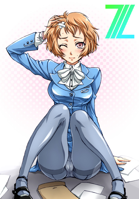 iyou, yukkyun, character request, 1girl, bandages, brown hair, crotch seam, female focus, panties, panties under pantyhose, pantyhose, short hair, solo, thighband pantyhose, underwear