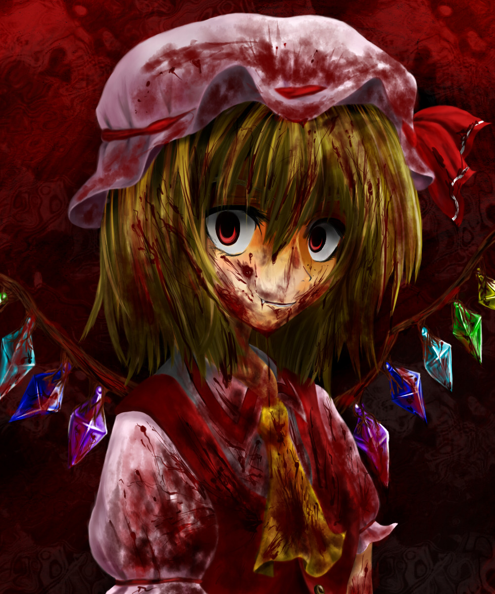 freddie, luna (artist), flandre scarlet, touhou, highres, 1girl, blonde hair, blood, blood on arm, blouse, collared shirt, creepy, dress, female focus, hair between eyes, hat, horror (theme), red eyes, ribbon, shirt, short hair, solo, white hat, white shirt, wings, yandere