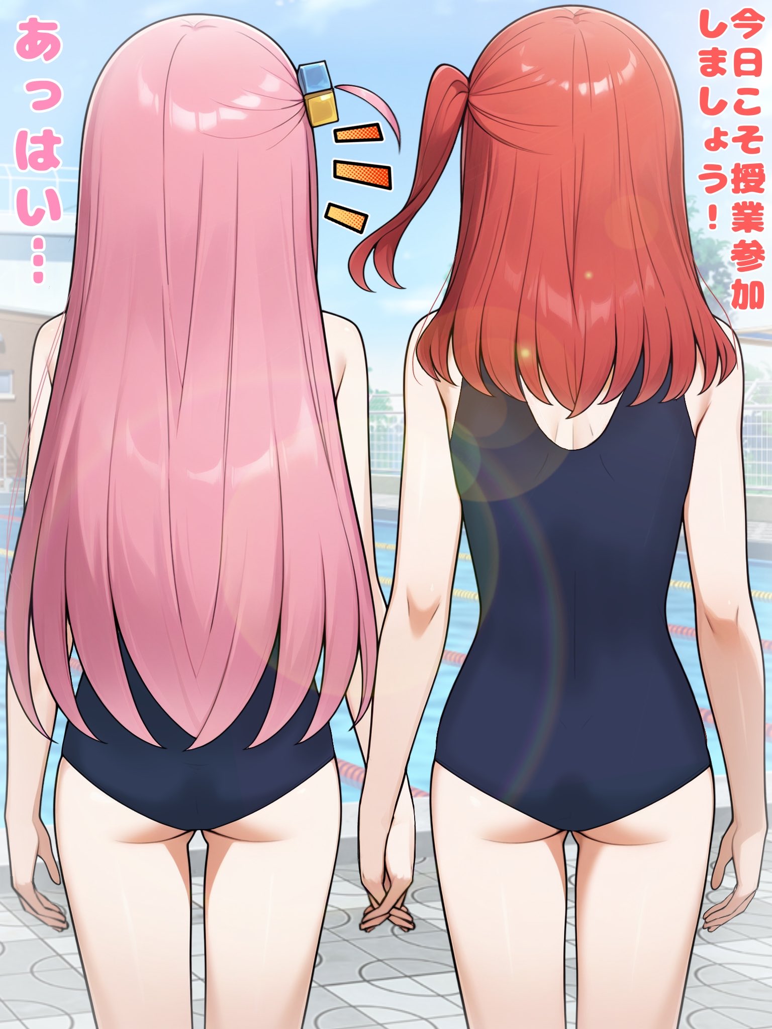 ryuhirohumi, gotoh hitori, kita ikuyo, bocchi the rock!, ai-assisted, commentary request, highres, translation request, 2girls, ass, back, blue one-piece swimsuit, blue sky, cowboy shot, cube hair ornament, from behind, hair ornament, holding hands, lens flare, long hair, medium hair, multiple girls, notice lines, one-piece swimsuit, one side up, outdoors, pink hair, pool, poolside, red hair, school swimsuit, sky, swimsuit, yuri