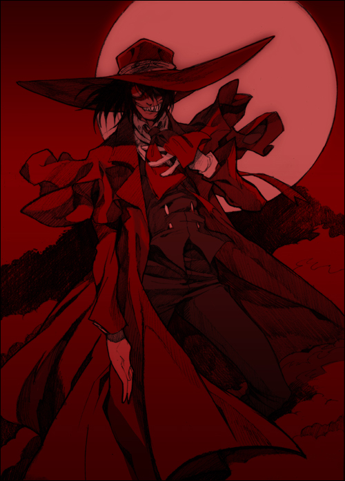 kimimaru, alucard (hellsing), hellsing, bad id, bad pixiv id, 1boy, black hair, coat, formal clothes, full moon, glasses, gloves, grin, hair over one eye, hand on own chest, hat, male focus, moon, necktie, overcoat, red coat, red hat, red theme, sharp teeth, smile, solo, suit, sunglasses, tamazakura, teeth, vampire, wind