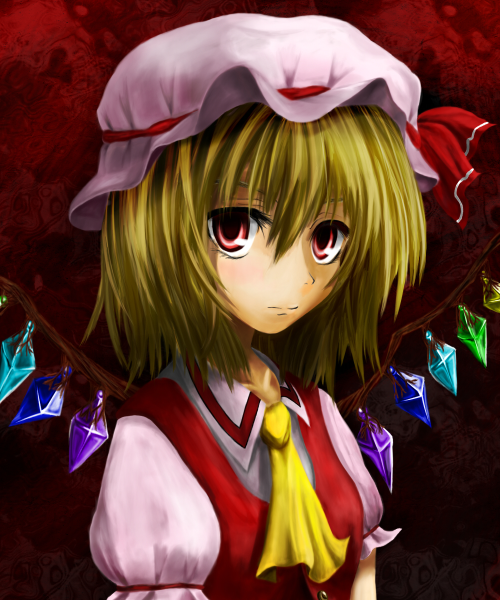freddie, luna (artist), flandre scarlet, touhou, highres, 1girl, blonde hair, blouse, collared shirt, dress, female focus, hair between eyes, hat, mob cap, red eyes, ribbon, shirt, short hair, solo, white hat, white shirt, wings