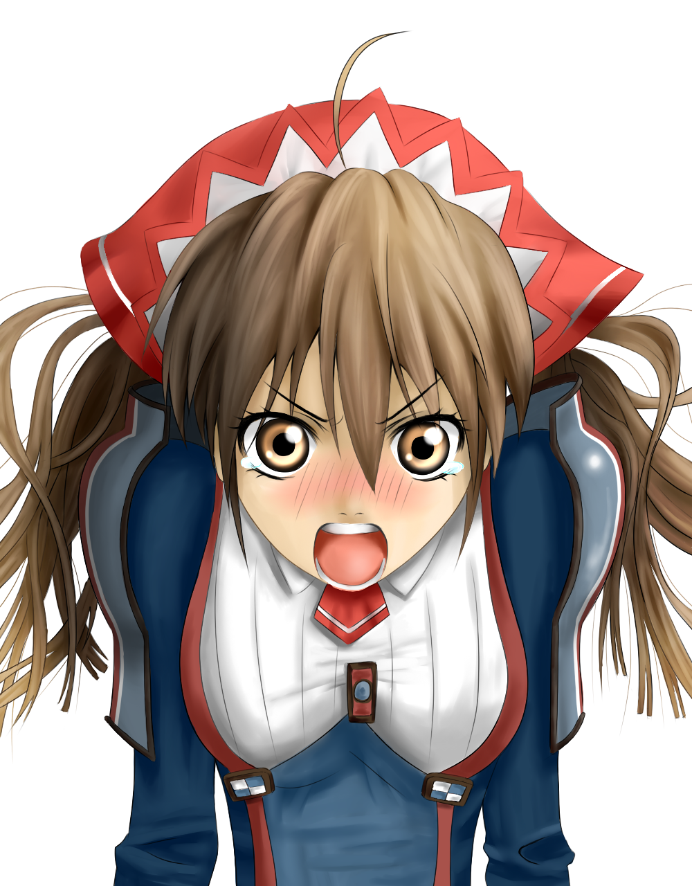 freddie, luna (artist), alicia melchiott, senjou no valkyria, senjou no valkyria (series), senjou no valkyria 1, highres, 00s, 1girl, ahoge, angry, blush, brown eyes, brown hair, female focus, headdress, long hair, military, military uniform, necktie, solo, tears, transparent background, twintails