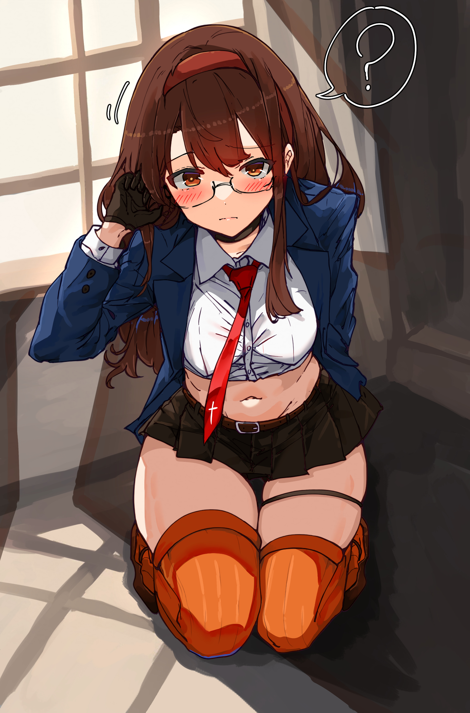 bakasp-lilzy, original, commentary, english commentary, highres, 1girl, ?, arm at side, black skirt, blazer, blue jacket, blush, breasts, brown hair, center-flap bangs, closed mouth, crop top, cropped shirt, cross, cross print, dot nose, double-parted bangs, full body, hairband, hand up, indoors, jacket, kneeling, light frown, long hair, long sleeves, looking at viewer, medium breasts, midriff, miniskirt, navel, necktie, open clothes, open jacket, orange thighhighs, playing with own hair, pleated skirt, print necktie, red hairband, red necktie, ribbed thighhighs, round eyewear, school uniform, shirt, skirt, solo, speech bubble, split mouth, spoken question mark, thigh strap, thighhighs, white shirt, window, window shadow, zettai ryouiki