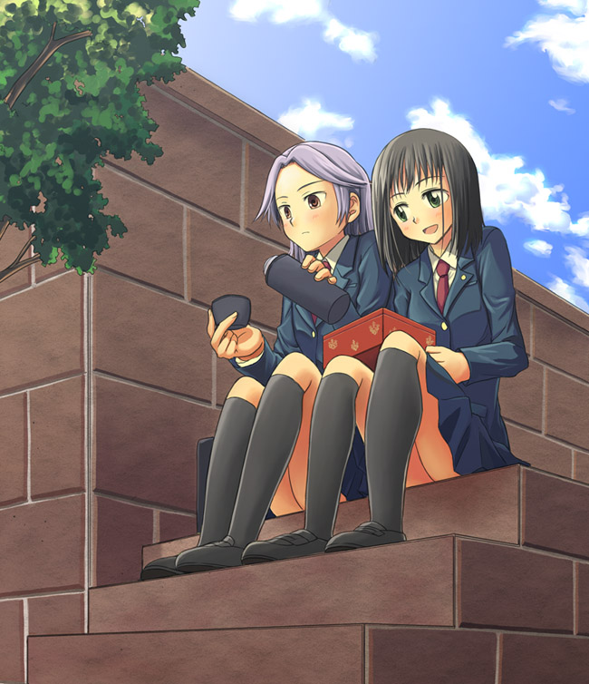 niina ryou, kajiki yumi, touyoko momoko, saki (manga), 00s, 2girls, bento, blazer, jacket, kneehighs, legs, multiple girls, open mouth, school uniform, sitting, sitting on stairs, socks, stairs