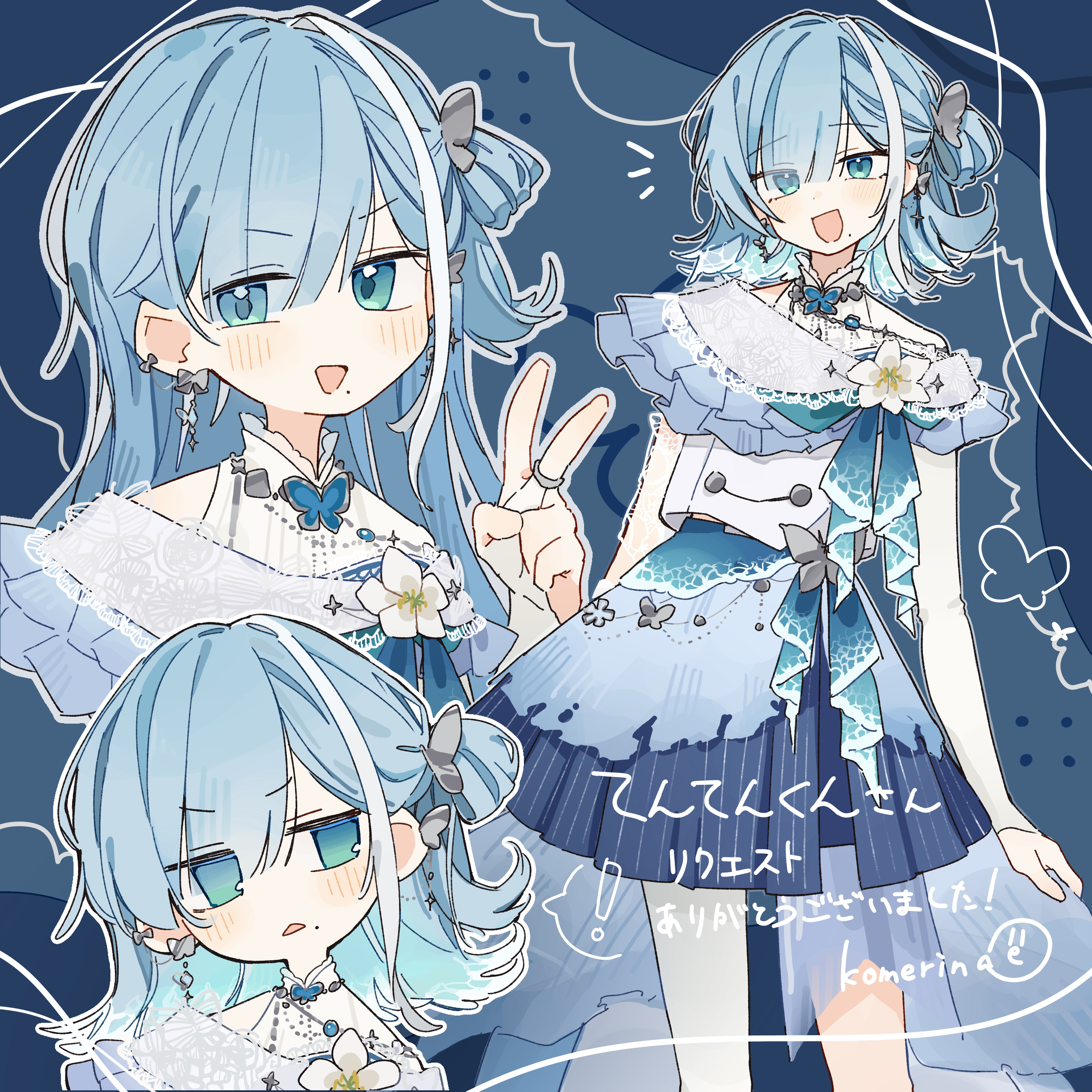 komerina, original, absurdres, commentary, commission, highres, translated, !, 1girl, :>, :<, :d, artist name, blue background, blue eyes, blue hair, blue skirt, blush, brooch, butterfly brooch, butterfly earrings, butterfly hair ornament, butterfly ornament, buttons, collared shirt, cowboy shot, dot nose, double-breasted, earrings, flower, frills, frown, gloves, hair between eyes, hair ornament, hair over one eye, hand up, head tilt, jewelry, long hair, long sleeves, looking at viewer, medium hair, midriff peek, miniskirt, mole, mole under mouth, multicolored hair, multicolored skirt, multiple views, no nose, no pupils, one side up, open mouth, parted bangs, portrait, ring, shirt, sidelocks, signature, skirt, smile, speech bubble, spoken exclamation mark, standing, streaked hair, v, v-shaped eyebrows, white flower, white gloves, white shirt, white streaks
