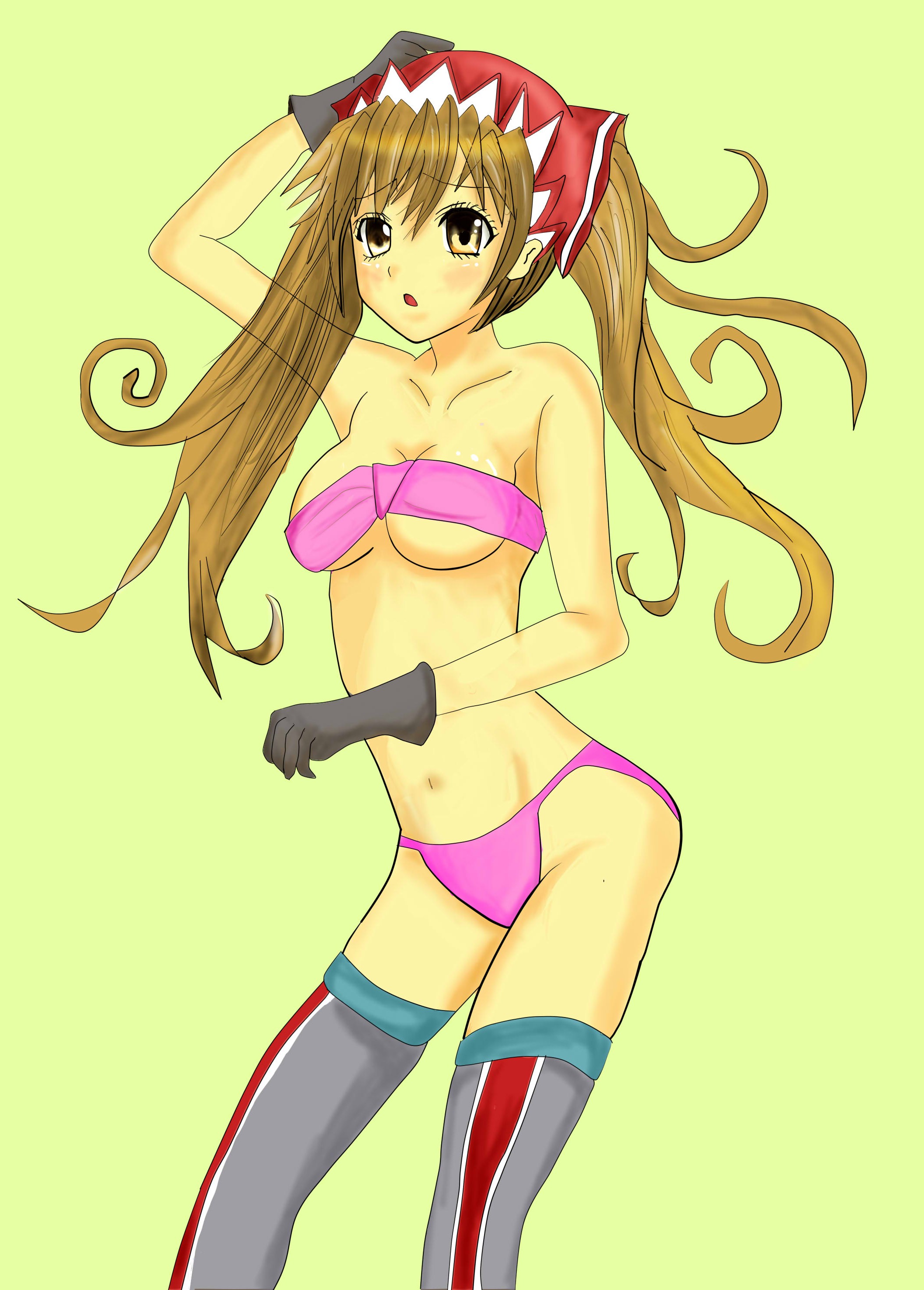 chicken island works, sanwa164309, alicia melchiott, senjou no valkyria, senjou no valkyria (series), senjou no valkyria 1, absurdres, bad id, bad pixiv id, highres, 00s, 1girl, bad anatomy, blush, bra, breasts, brown eyes, brown hair, cleavage, female focus, gloves, headdress, lingerie, long hair, medium breasts, navel, panties, pink bra, pink panties, poorly drawn, solo, standing, thighhighs, twintails, underwear