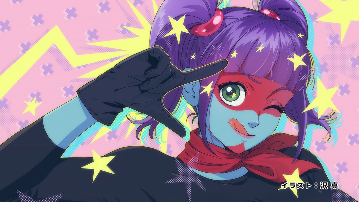 yukarisu, toujima tanzaburou wa kamen rider ni naritai, official art, 1girl, blue skin, colored skin, gloves, green eyes, hair ornament, looking at viewer, makeup, multicolored hair, one eye closed, purple hair, red scarf, ribbon, scarf, shirt, solo, tongue, tongue out, twintails