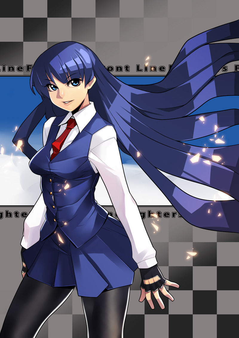 ban! (bansankan), 1girl, black pantyhose, blue eyes, blue hair, blunt bangs, female focus, fingerless gloves, gloves, hime cut, long hair, looking at viewer, necktie, pantyhose, pleated skirt, skirt, smile, solo, standing, vest