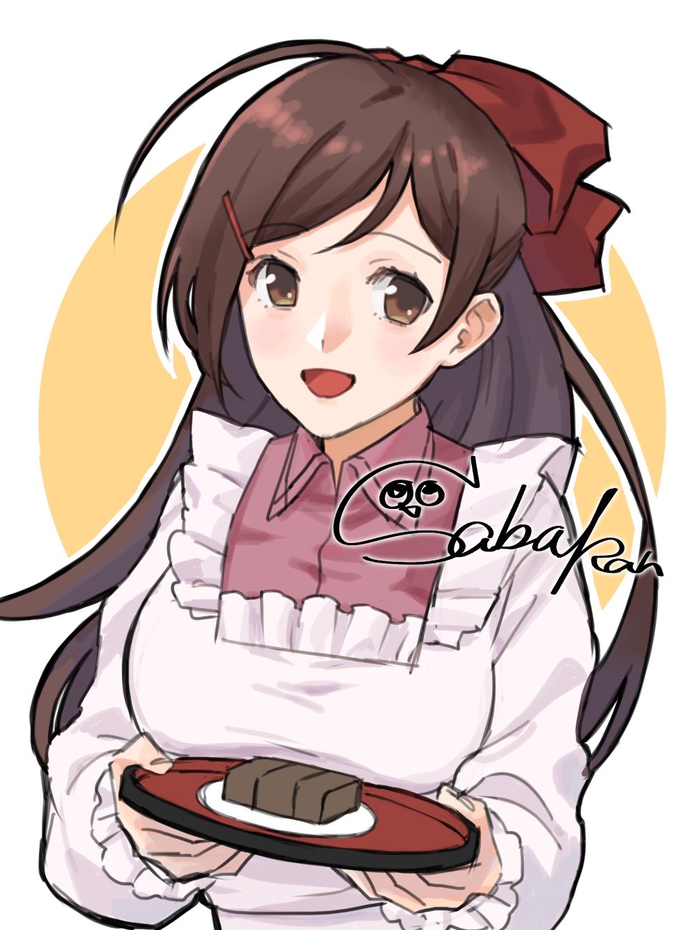 mamiya (kancolle), kantai collection, highres, 1girl, ahoge, apron, brown eyes, collarbone, food, hair ribbon, kappougi, long hair, one-hour drawing challenge, pink shirt, plate, red ribbon, ribbon, sabakanbasupisu, shirt, signature, smile, solo, tray, wagashi, white apron