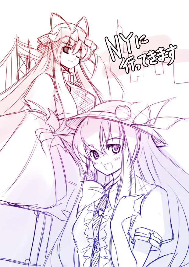 seo tatsuya, hinanawi tenshi, yakumo yukari, touhou, 2girls, female focus, hat, long hair, monochrome, multiple girls, one eye closed, pink theme, purple theme, smile, wink