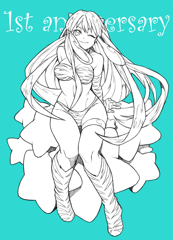 kimimaru, lum, urusei yatsura, 1girl, animal print, bikini, boots, breasts, cone horns, female focus, gloves, hip focus, horns, large breasts, long hair, monochrome, small horns, solo, star (symbol), swimsuit, tamazakura, tiger print, wide hips