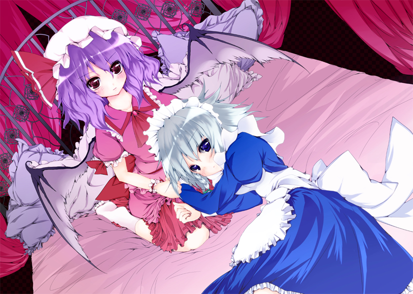 suzume miku, izayoi sakuya, remilia scarlet, touhou, silver hair, 2girls, bat wings, bed, blue eyes, braid, female focus, hairband, hat, lap pillow, lying, multiple girls, purple hair, red eyes, short hair, sitting, socks, twin braids, wariza, wings
