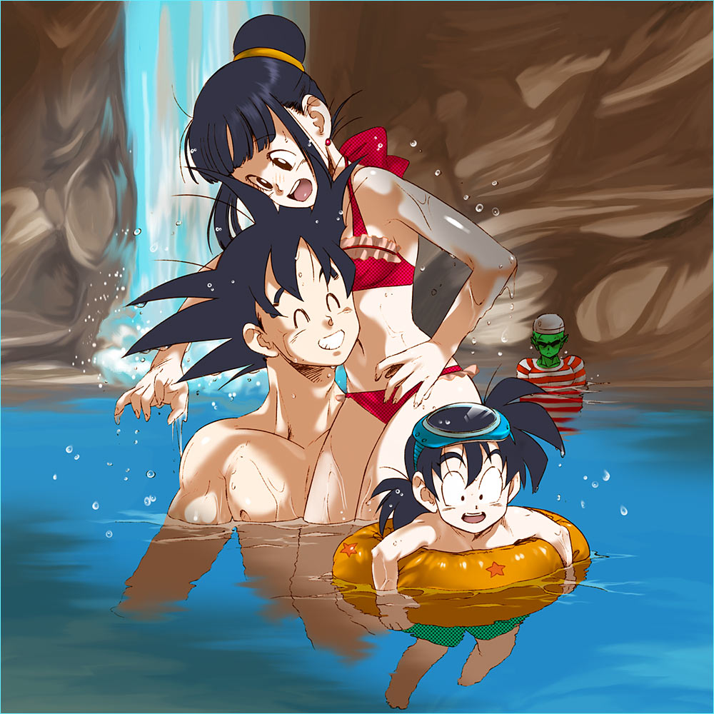 yukimitsuki, chi-chi (dragon ball), piccolo, son gohan, son goku, dragon ball, dragonball z, 1girl, 2boys, bikini, child, diving mask, family, father and son, goggles, hime cut, innertube, mother and son, multiple boys, ocean, smile, splashing, swim cap, swim ring, swimming, swimsuit, water, waterfall, wet