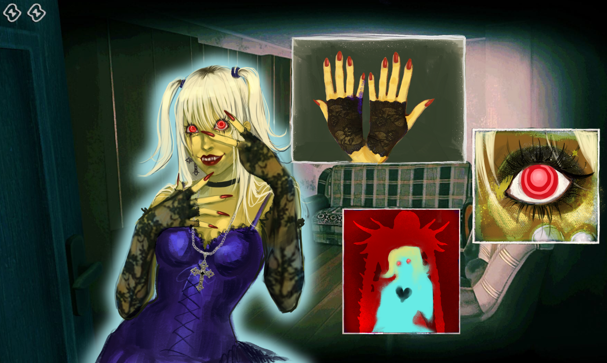 amane misa, rem (death note), death note, no i'm not a human, highres, 1girl, asian, black eyeshadow, blonde hair, choker, corset, cross, cross earrings, cross necklace, dirty hands, earrings, eyelashes, eyeshadow, fangs, fingerless gloves, fingernails, gloves, goth fashion, grin, heart, ink, jewelry, lace, lace gloves, lace sleeves, long fingernails, long hair, makeup, margonika00, multicolored hair, necklace, no i'm not a human (style), nose, photo (object), purple corset, realistic, red eyes, red lips, red nails, ringed eyes, roots (hair), runny makeup, sharp fingernails, shinigami, shinigami eyes (death note), smile, smile lines, solo focus, two side up