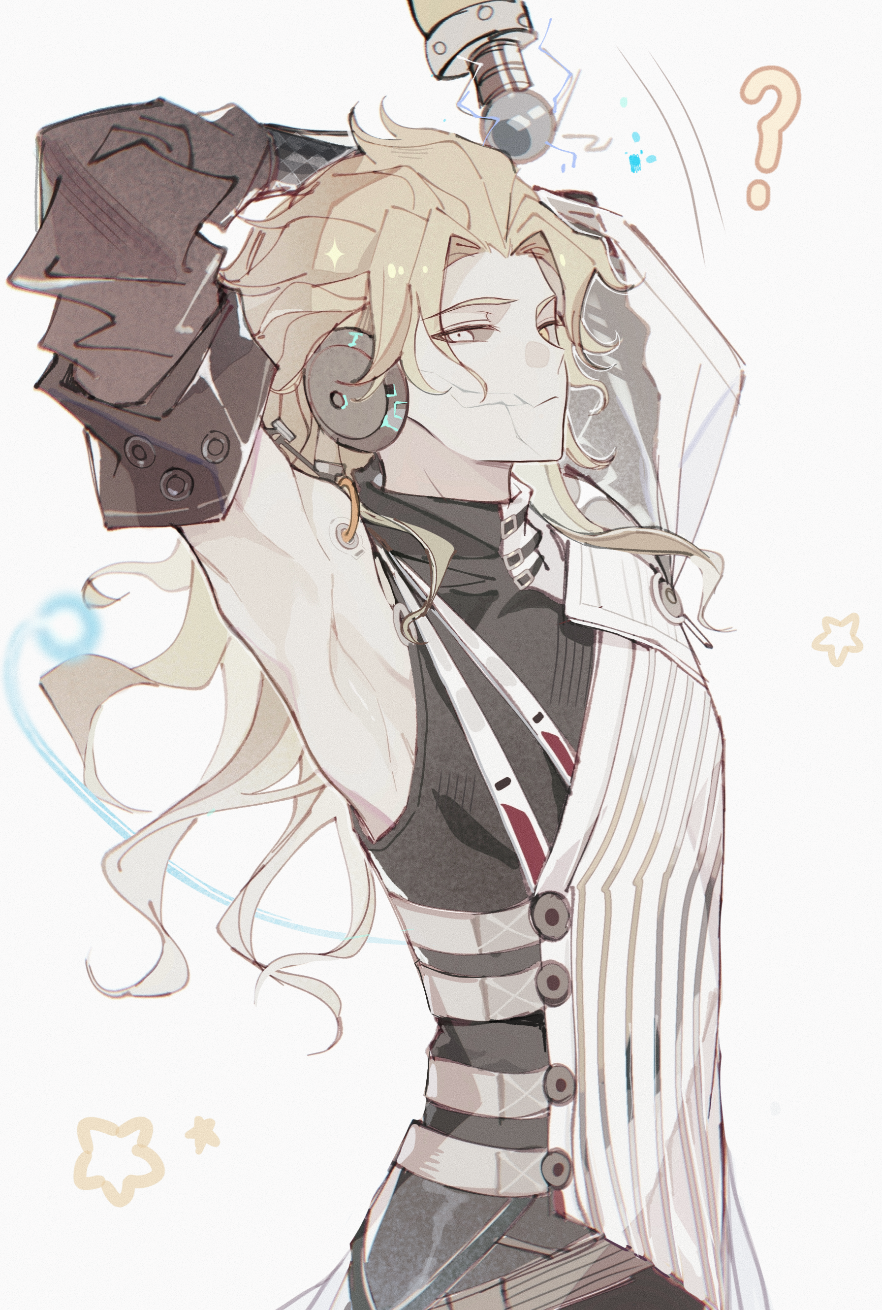 yue (shemika98425261), identity v, absurdres, highres, 1boy, :/, ?, arched back, armpits, black sclera, blonde hair, cable, collarbone, colored sclera, detached sleeves, hair intakes, half-jacket, halterneck, long hair, male focus, marcus thorne, marcus thorne (freedom leader d), official alternate costume, scar, scar on face, solo, stretching, upper body, wavy hair, white eyes