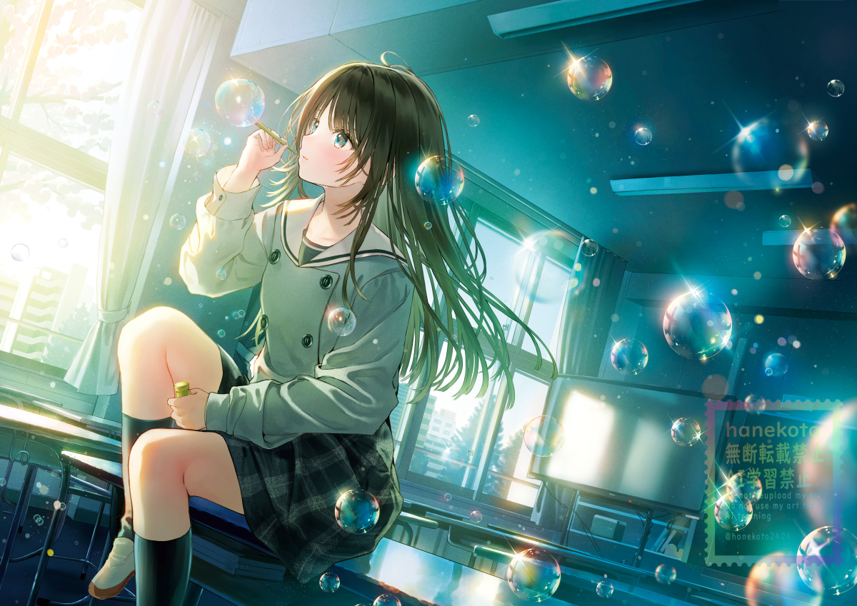 hanekoto, original, commentary request, 1girl, black hair, black socks, blowing bubbles, bubble, classroom, curtains, desk, dutch angle, floating hair, kneehighs, leg up, on desk, plaid clothes, plaid skirt, sailor collar, school desk, school uniform, serafuku, shoes, sitting, skirt, socks, solo, twitter username, uwabaki, white sailor collar, window