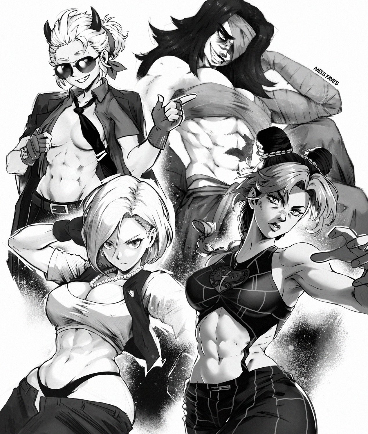 miss faves, helltaker, character request, commentary, copyright request, english commentary, highres, 4girls, abs, biceps, breasts, glasses, greyscale, monochrome, multiple girls, muscular, muscular female, navel, simple background, sunglasses, white background