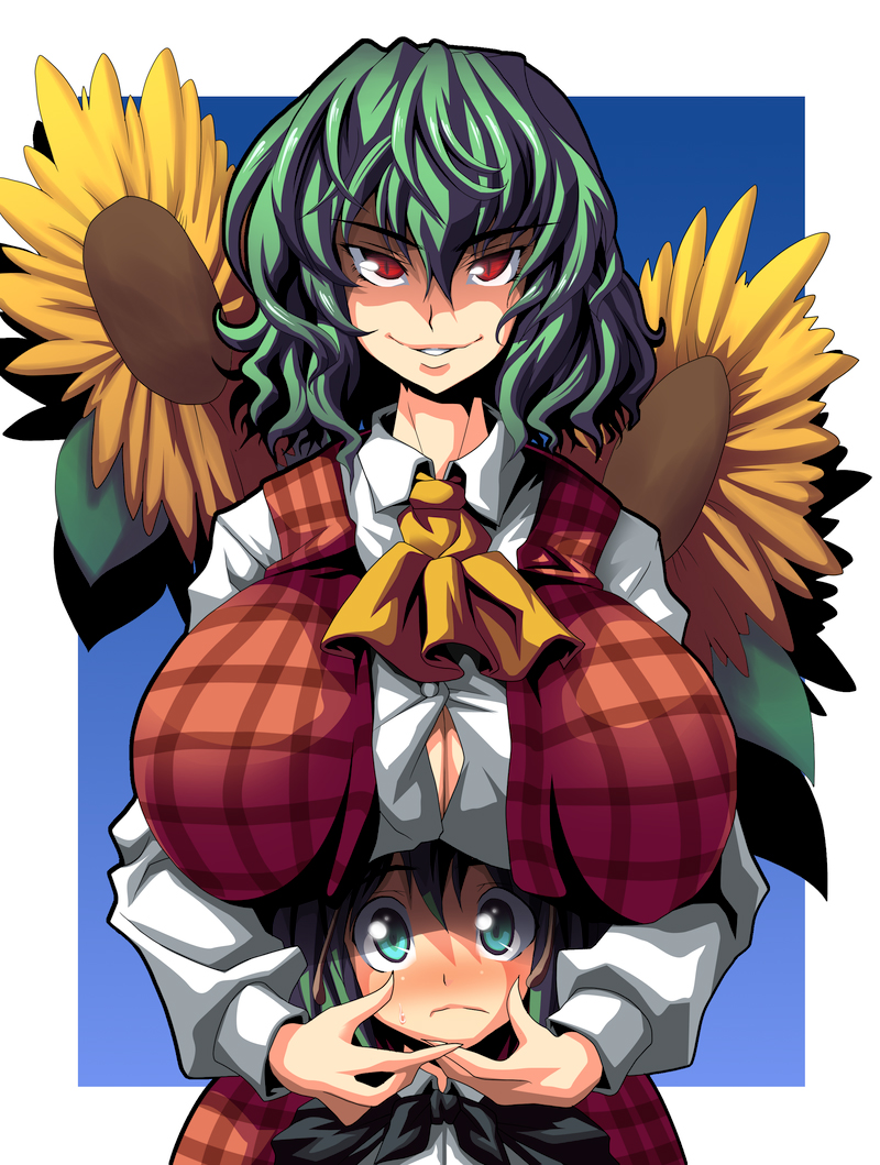 kloah, kazami yuuka, wriggle nightbug, touhou, 2girls, antennae, aqua eyes, ascot, blush, breast rest, breasts, breasts on head, cleavage, female focus, flower, green eyes, green hair, huge breasts, leaf, multiple girls, red eyes, sunflower