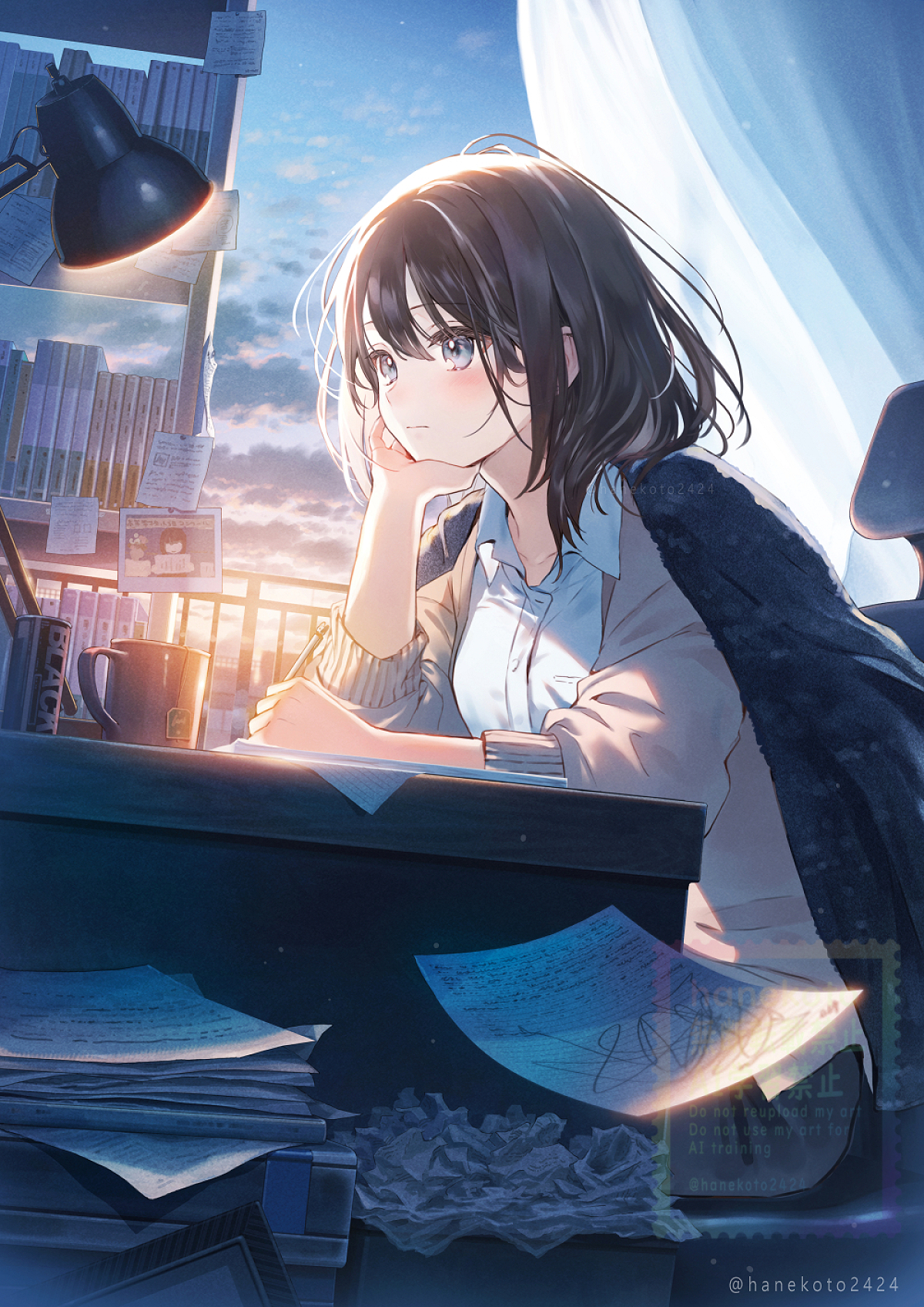 hanekoto, original, commentary request, highres, 1girl, arm support, black skirt, blue sky, blush, brown hair, brown jacket, can, canned coffee, chair, closed mouth, cloud, collared shirt, cup, curtains, desk, desk lamp, dress shirt, drink can, grey eyes, hair between eyes, holding, holding pen, indoors, jacket, lamp, mug, office chair, on chair, open clothes, open jacket, paper, pen, shirt, sitting, skirt, sky, solo, sunset, swivel chair, twitter username, watermark, white shirt
