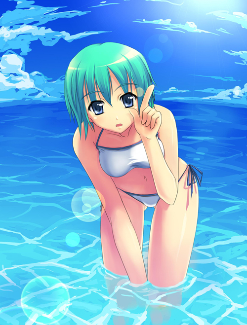mj, original, 1girl, bikini, blue eyes, cloud, day, female focus, fisheye, green hair, leaning forward, lens flare, ocean, outdoors, short hair, side-tie bikini bottom, sky, solo, submerged, swimsuit, wading, water