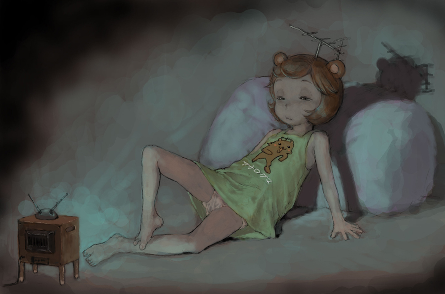 ponsuke (pon00000), analoguma, chidejika, kuma (2ch), japan commercial broadcasters association, bad id, bad pixiv id, 1girl, animal ears, barefoot, bear ears, feet, female focus, flat chest, loli, panties, pon00000, short hair, solo, television, underwear