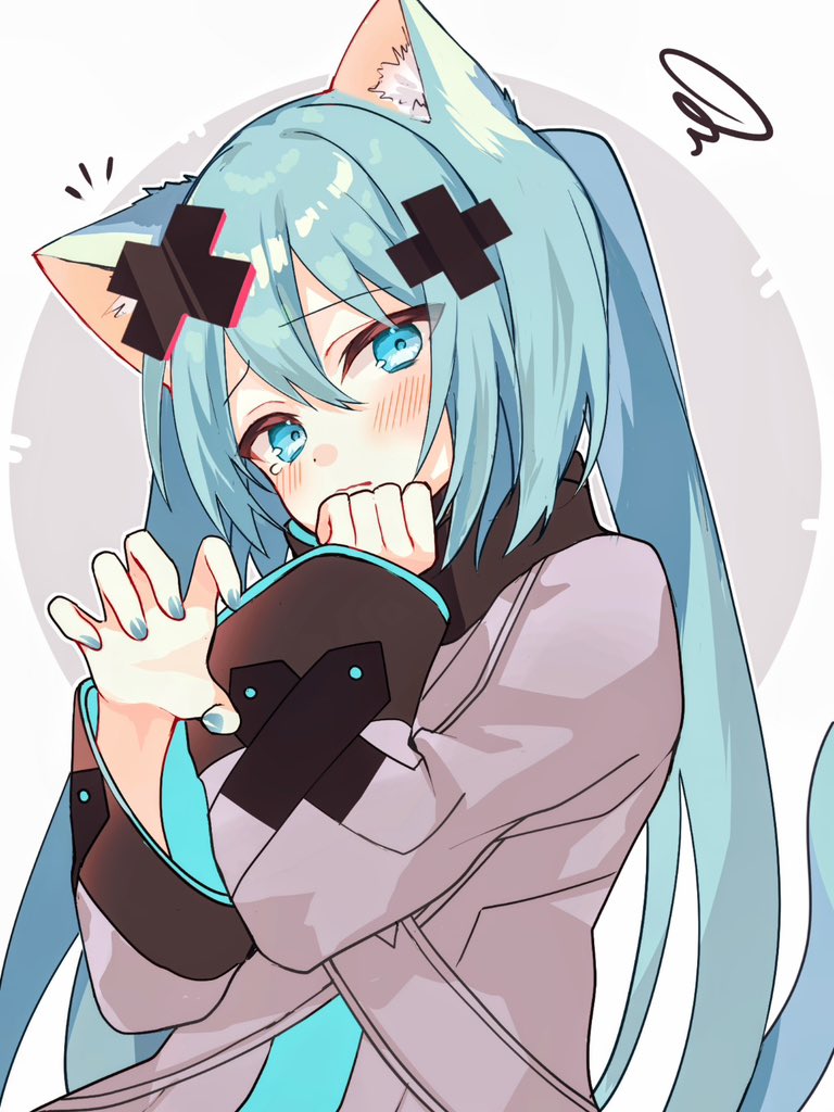 batsu miku, hatsune miku, kowareta sekai to utaenai miku, project sekai, vocaloid, 1girl, animal ear fluff, animal ears, aqua eyes, aqua hair, aqua nails, aqua trim, cat ears, cat tail, claw pose, closed mouth, double-parted bangs, fingernails, grey sweater, hair between eyes, hair ornament, long hair, long sleeves, looking at viewer, mayoi reu, nail polish, sad, sweater, tail, twintails, x hair ornament