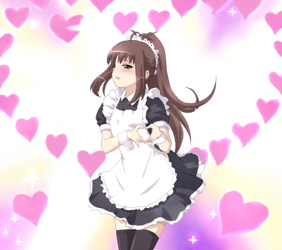 hayashiya zankurou, kyonko, k-on!, suzumiya haruhi no yuuutsu, gender request, 1girl, blush, brown eyes, brown hair, cosplay, female focus, genderswap, heart, heart hands, long hair, maid, maid headdress, moe moe kyun!, parody, solo, thighhighs