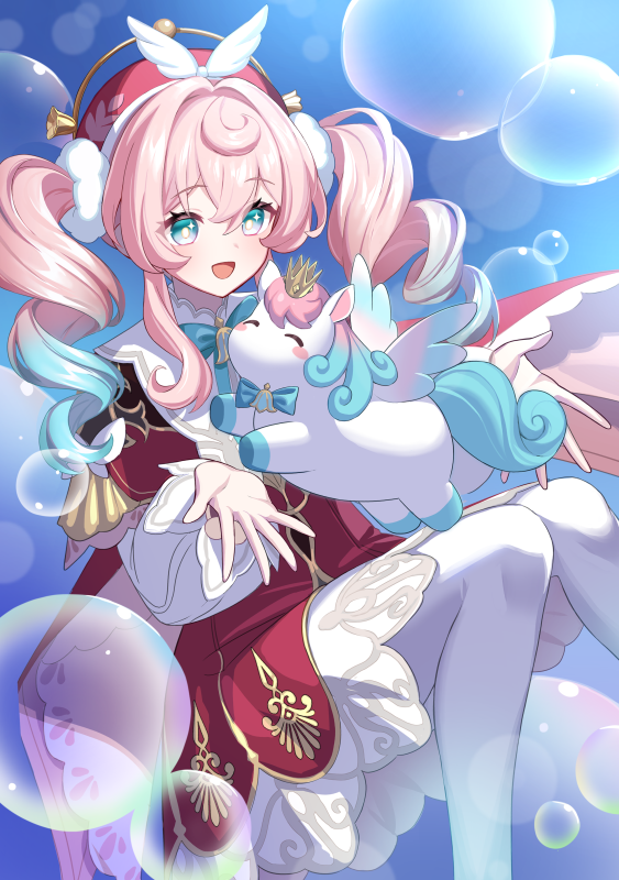 kiki-yu, hyacine (honkai: star rail), little ica (honkai: star rail), honkai: star rail, honkai (series), commentary, 1girl, 1other, aqua bow, aqua eyes, aqua hair, beret, blush, bow, crown, dress, feathered wings, gold crown, gradient hair, hat, long hair, long sleeves, looking at another, mini crown, multicolored hair, open mouth, pantyhose, pink hair, red dress, red hat, smile, twintails, white pantyhose, wings