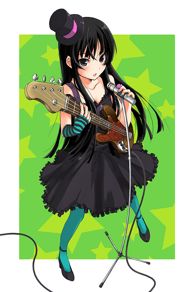 unasaka ryou, akiyama mio, don't say "lazy", k-on!, striped, 00s, 1girl, aqua nails, bass guitar, black eyes, black hair, blue pantyhose, blunt bangs, dress, facepaint, female focus, fingerless gloves, foreshortening, gloves, hat, high heels, hime cut, instrument, long hair, microphone, microphone stand, mini hat, mini top hat, nail polish, pantyhose, plectrum, solo, top hat
