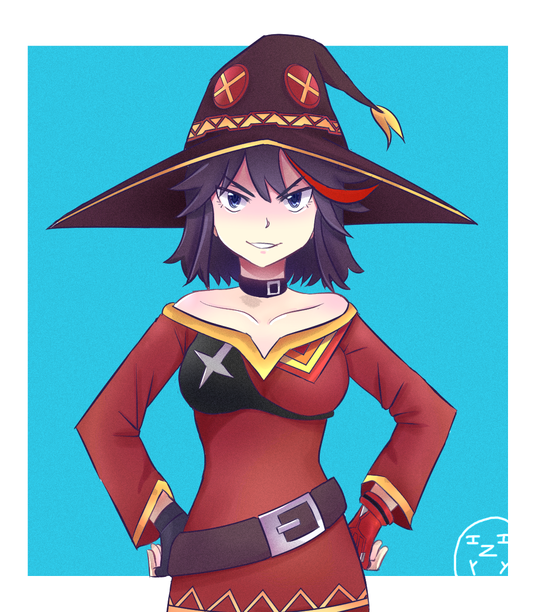 erica mendez, matoi ryuuko, megumin, kill la kill, kono subarashii sekai ni shukufuku wo!, commentary, english commentary, highres, 1girl, belt, blue eyes, breasts, brown belt, brown hat, choker, collarbone, cosplay, dress, gloves, grin, hands on own hips, hat, izykey7, long sleeves, megumin (cosplay), multicolored hair, off-shoulder dress, off shoulder, red robe, robe, smile, solo, voice actor connection
