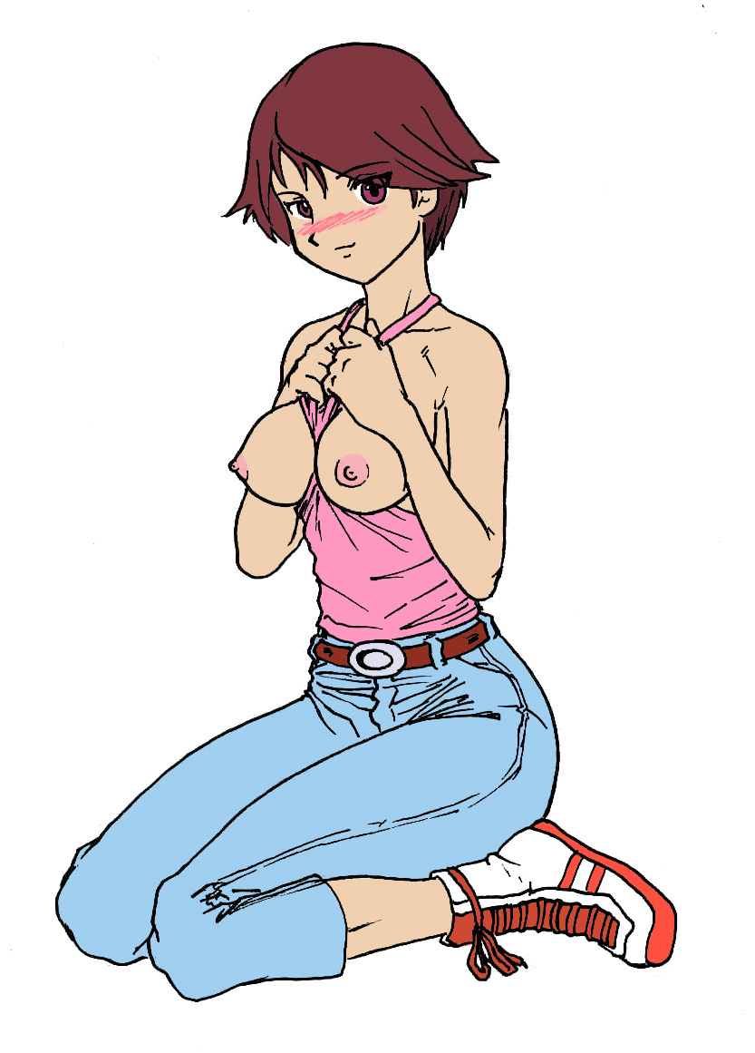 fujieda yoshino, digimon, digimon savers, 1girl, between breasts, blush, breast press, breasts, denim, female focus, flat color, full body, jeans, large breasts, nipples, pants, red eyes, red hair, short hair, simple background, solo