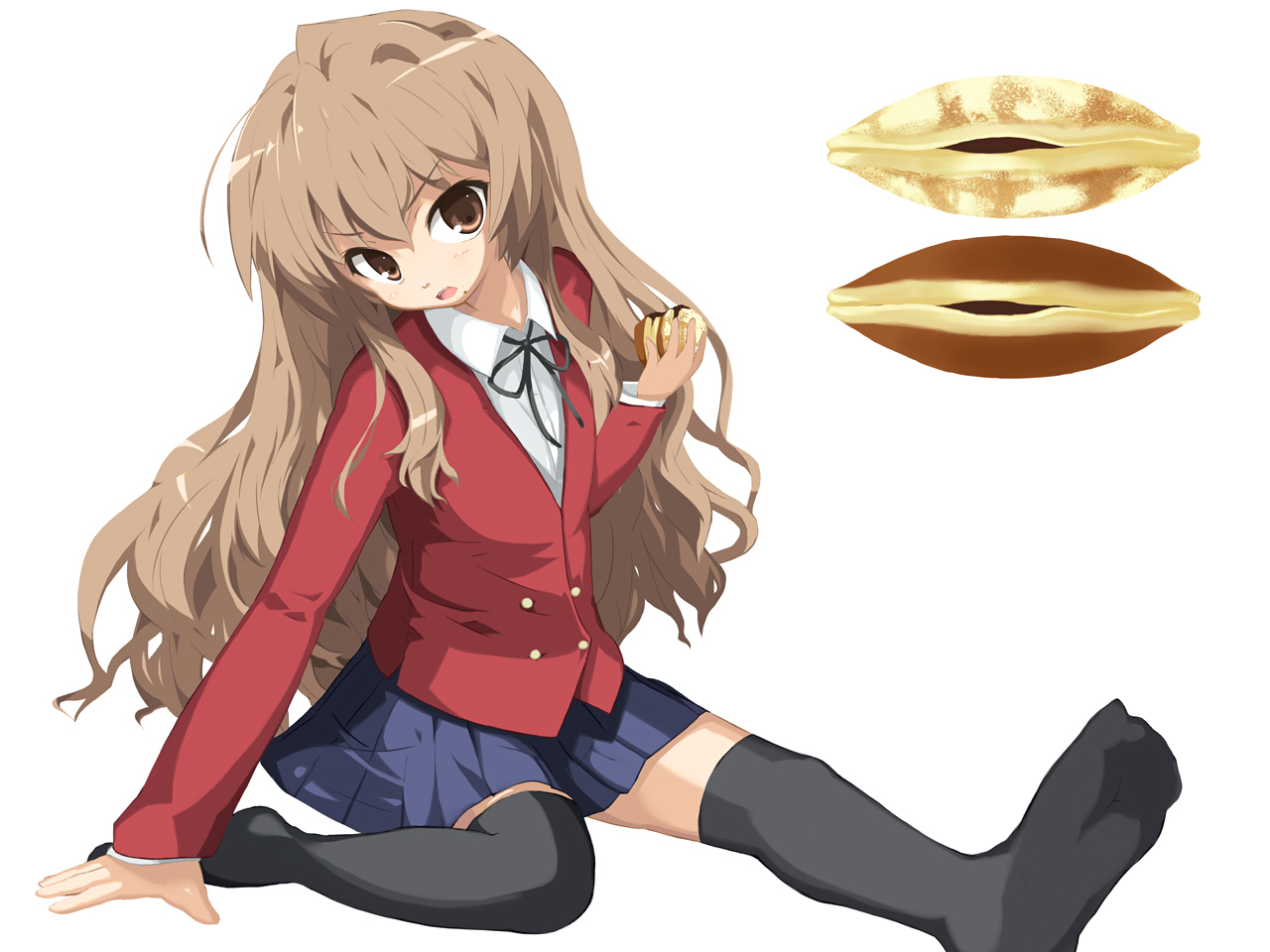 midori ya, ozaki, aisaka taiga, toradora!, bad id, bad pixiv id, 00s, 1girl, bread, brown eyes, brown hair, dorayaki, female focus, food, long hair, school uniform, solo, thighhighs, wagashi, zettai ryouiki
