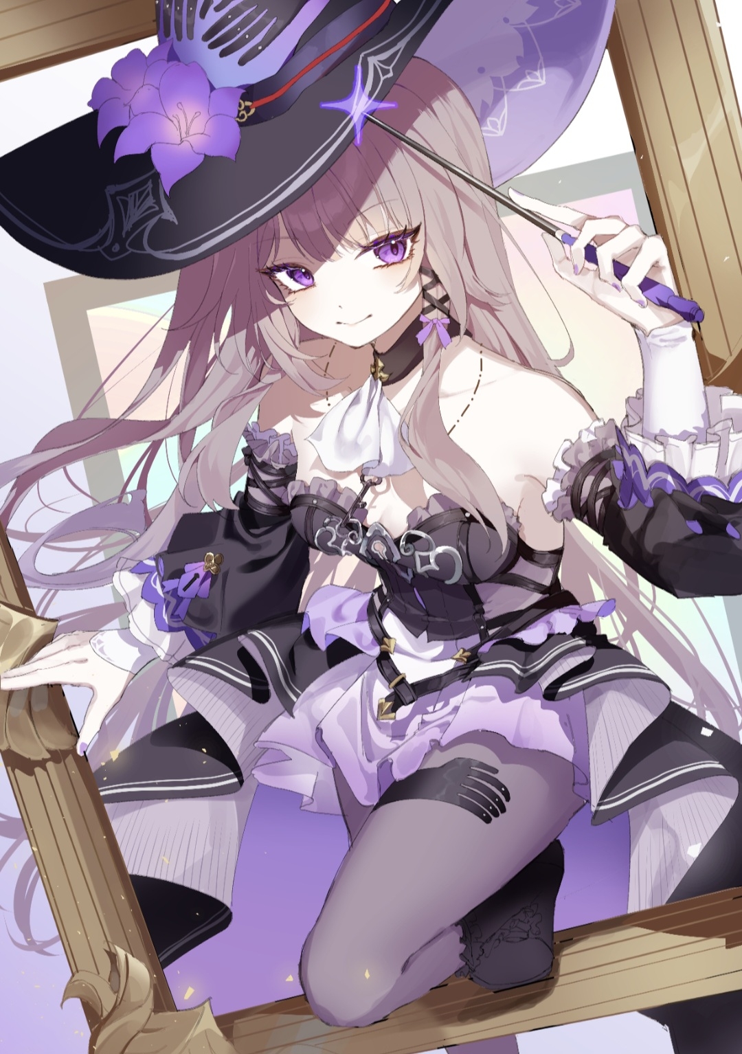 lemon ice, herta (honkai: star rail), the herta (honkai: star rail), honkai: star rail, honkai (series), highres, 1girl, bare shoulders, black dress, black pantyhose, breasts, brown hair, cleavage, closed mouth, detached sleeves, dress, flower, hair between eyes, hair ornament, hat, holding, holding wand, long sleeves, medium breasts, pantyhose, picture frame, purple eyes, purple flower, purple nails, smile, solo, strapless, strapless dress, wand, wide sleeves, witch, witch hat