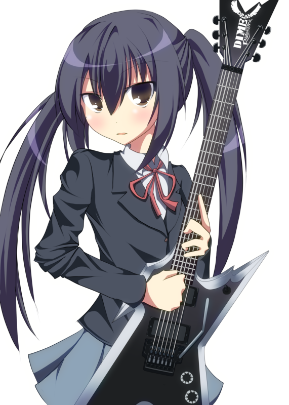 niyadepa, nakano azusa, k-on!, 00s, 1girl, black hair, brown eyes, female focus, guitar, instrument, looking at viewer, neck ribbon, red ribbon, ribbon, sakuragaoka high school uniform, school uniform, simple background, solo, star (guitar), twintails
