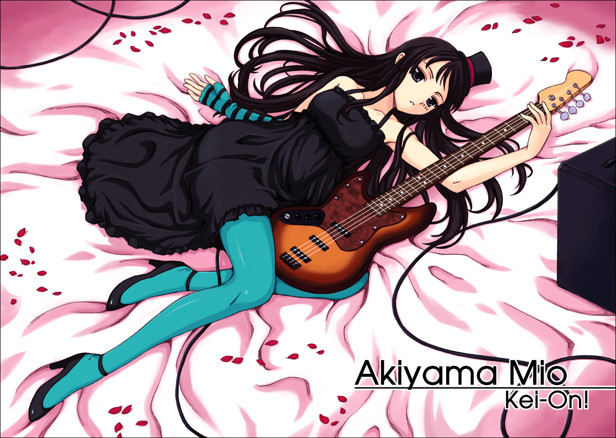 orebalgum, akiyama mio, don't say "lazy", k-on!, 00s, 1girl, bass guitar, black eyes, black hair, blue pantyhose, dress, facepaint, female focus, fingerless gloves, gloves, guitar, hat, high heels, instrument, legs, lying, mini hat, mini top hat, pantyhose, petals, shoes, solo, top hat