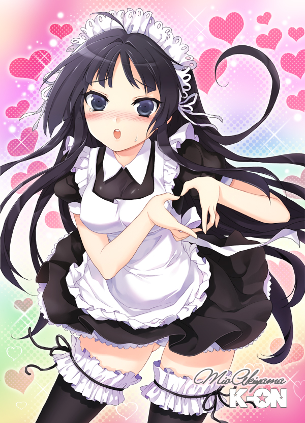 cuteg, akiyama mio, k-on!, bad id, bad pixiv id, 00s, 1girl, alternate costume, apron, black eyes, black hair, black thighhighs, blush, enmaided, female focus, frilled thighhighs, frills, heart, heart hands, lingerie, long hair, maid, maid apron, maid headdress, moe moe kyun!, petticoat, solo, thighhighs, underwear