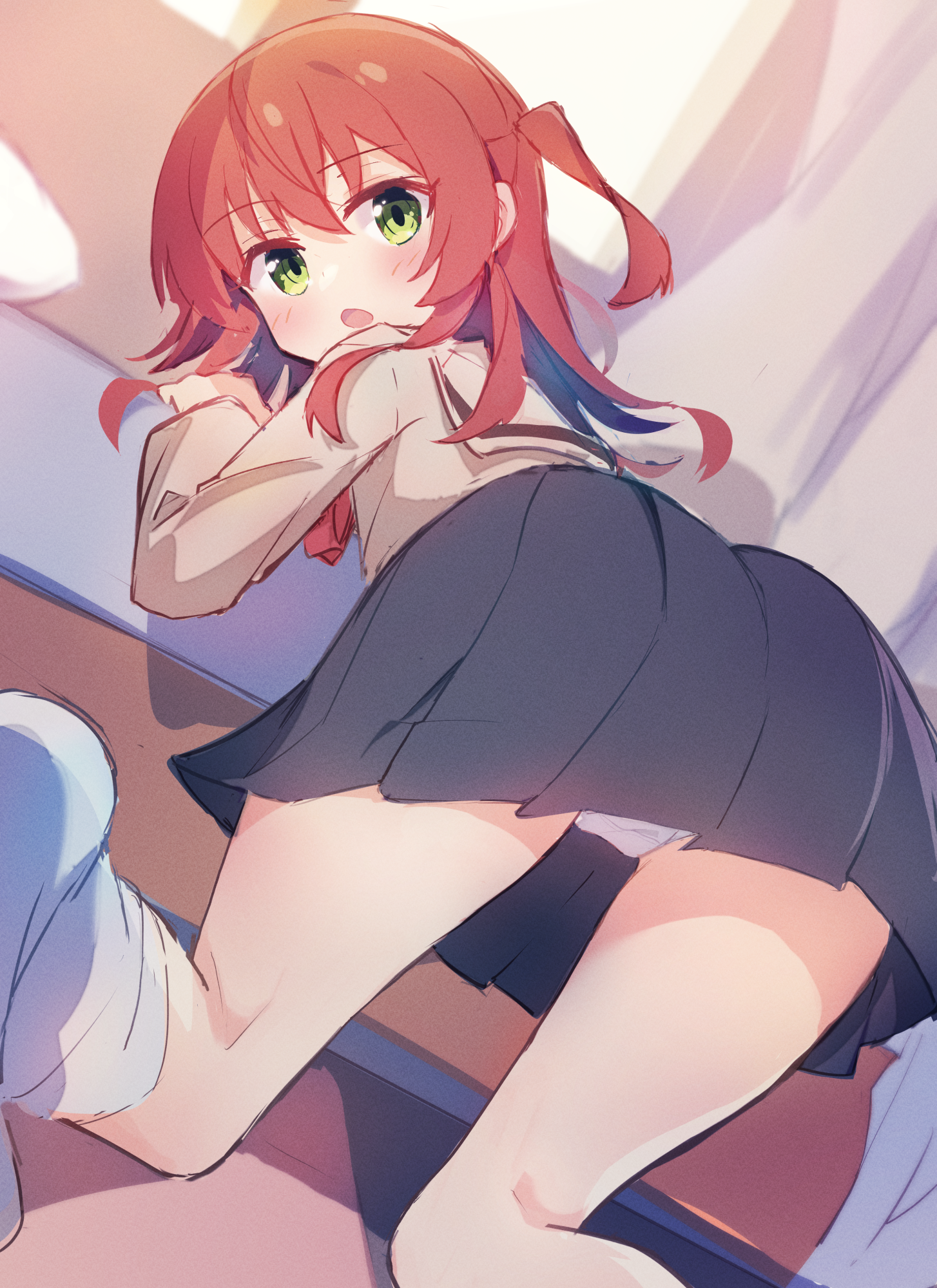 haemori ako, kita ikuyo, bocchi the rock!, commentary, highres, 1girl, ass, bed, black skirt, blush, brown sailor collar, brown shirt, choppy bangs, crotch seam, dutch angle, film grain, foot out of frame, green eyes, indoors, kneeling, leaning forward, long hair, long sleeves, looking at viewer, looking back, miniskirt, no shoes, one side up, open mouth, panties, pantyshot, pleated skirt, red eyes, sailor collar, school uniform, serafuku, shirt, shuka high school uniform, sketch, skirt, socks, solo, turning head, underwear, white panties, white socks