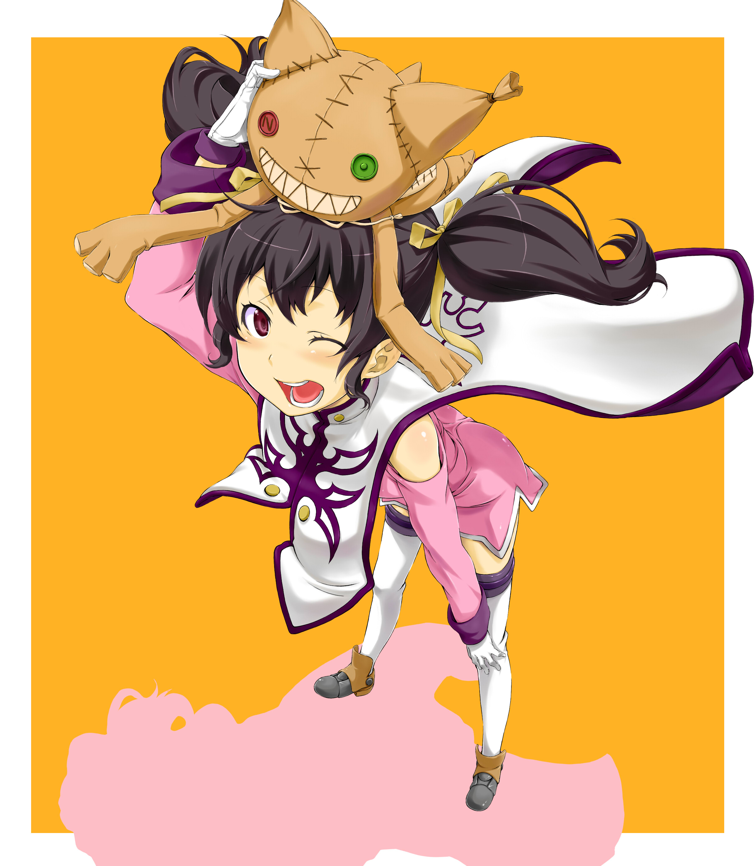 sashisu, anise tatlin, tokunaga (tales), tales of (series), tales of the abyss, absurdres, bad id, bad pixiv id, highres, 00s, 1girl, black hair, blush, brown eyes, child, doll, female focus, gloves, hair ribbon, hand on own knee, one eye closed, open mouth, purple eyes, ribbon, shadow, smile, solo, thighhighs, twintails, white thighhighs, wink