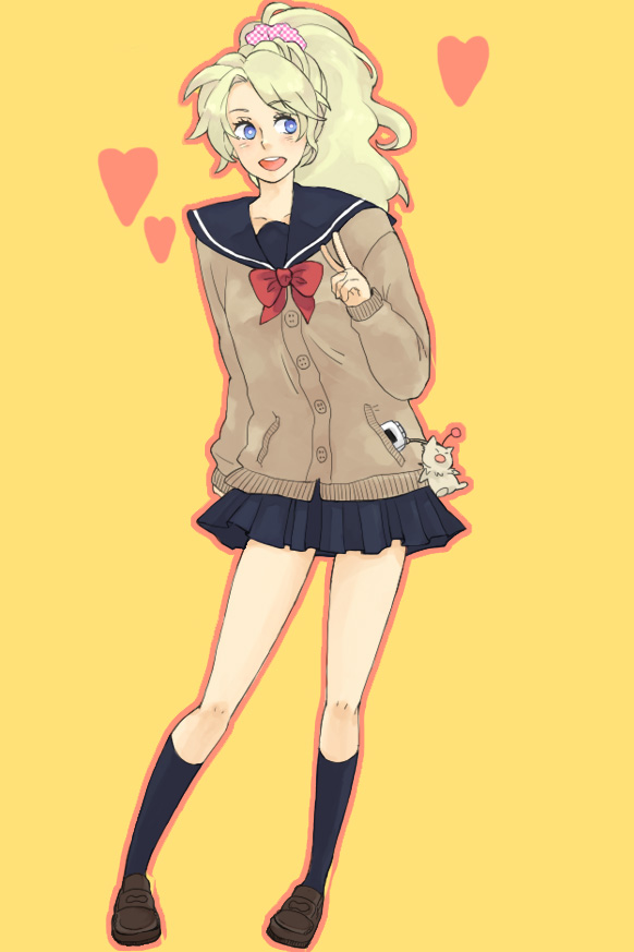 totemonemui, tina branford, final fantasy, final fantasy vi, bad id, bad pixiv id, 1990s (style), 1girl, bow, cardigan, cellphone, female focus, full body, heart, kneehighs, long hair, phone, pleated skirt, ponytail, retro artstyle, school uniform, serafuku, shoes, simple background, skirt, smile, socks, solo, standing, v