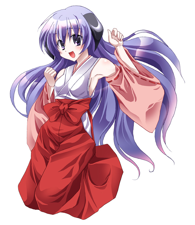 bikuto ryuu, hanyuu, higurashi no naku koro ni, 00s, 1girl, armpits, bare shoulders, detached sleeves, female focus, hakama, hakama skirt, horns, japanese clothes, jumping, long hair, miko, open mouth, purple eyes, purple hair, red hakama, simple background, skirt, smile, solo, very long hair