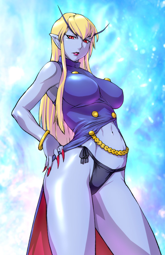 ueyama michirou, jedah dohma, capcom, darkstalkers, gender request, 1girl, abs, blonde hair, blue skin, colored skin, female focus, genderswap, long hair, midnight bliss, midriff, panties, pointy ears, red eyes, side-tie panties, solo, underwear, vampire