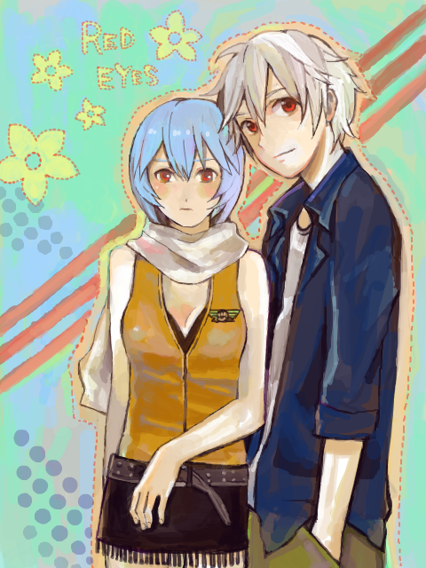 ayanami rei, nagisa kaworu, neon genesis evangelion, silver hair, belt, blue hair, english text, hands in pockets, red eyes, scarf, tegaki