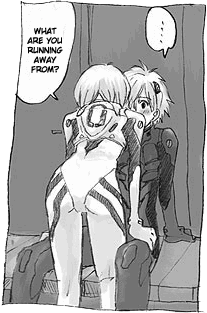 lrk, ayanami rei, nagisa kaworu, neon genesis evangelion, hard-translated, lowres, third-party edit, 1boy, 1girl, ass, bent over, blush, face-to-face, greyscale, interface headset (evangelion), mecha pilot suit, monochrome, plugsuit (evangelion), you gonna get raped