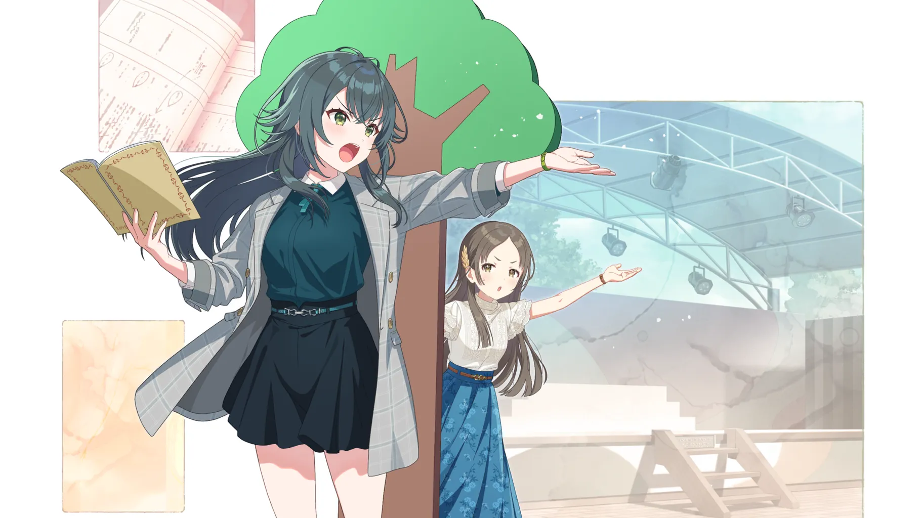 kuramoto china, tsukimura temari, gakuen idolmaster, idolmaster, game cg, official art, 2girls, belt, book, bracelet, brown eyes, brown hair, buttons, coat, floral print, green eyes, green hair, green shirt, holding, jewelry, long skirt, multiple girls, open book, open mouth, shirt, skirt, stage lights, stairs, tree